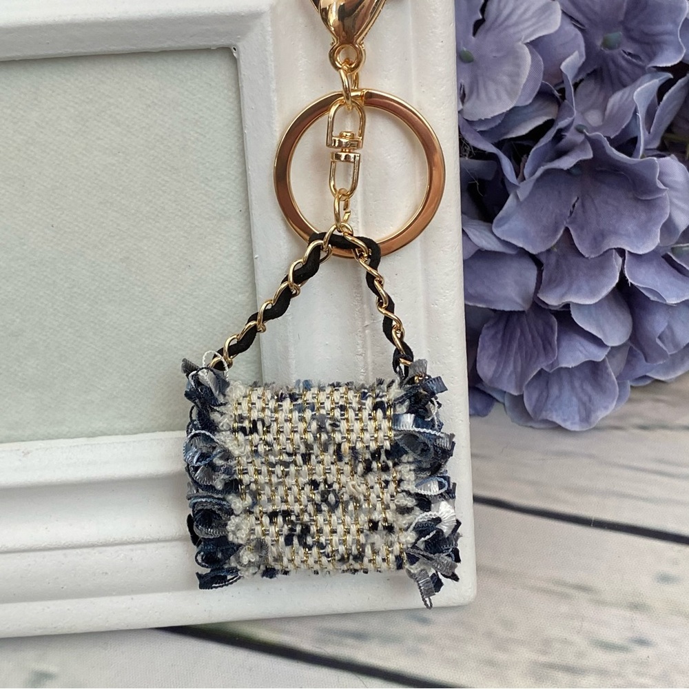 Blue and Black Textured Fabric Handbag Keychain Charm - Picture 5 of 16